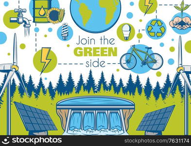 Ecology and environment, green earth and eco energy, world nature conservation, vector. Save planet air and water, eco transport, bio fuel and waste recycling, alternative energy and stop pollution. Ecology and environment, green earth, eco energy