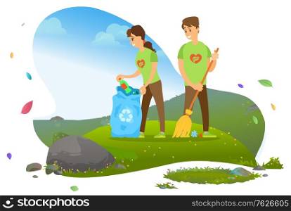 Ecology and environment, man and woman, collecting garbage in recycling pin vector. Rubbish and litter reduction, cleaning and waste separation, volunteers. Mountain tourism. Flat cartoon. Man and Woman Collecting Garbage in Recycling Bin