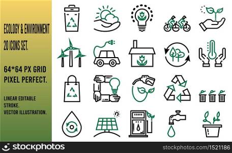 Ecology and Environment thin line two color icon Set. 64*64 px Grid Pixel Perfect. Linear Editable Stroke. Vector Illustration.