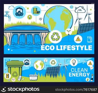 Ecology and environment vector design of eco green clean energy, save Earth and recycle. Eco power of solar, water and wind, renewable energy technology, tree, electric car, light bulb and bio fuel. Ecology, environment, eco green clean energy