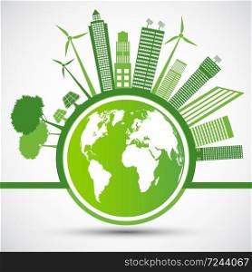 Ecology and Environmental Concept,Earth Symbol With Green Leaves Around Cities Help The World With Eco-Friendly Ideas,Vector llustration