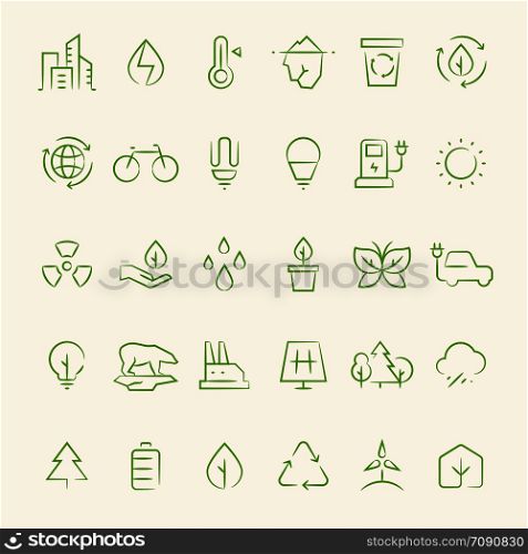 Ecology and recycling outline symbols. Eco and green environment vector line icons of set isolated on white illustration. Ecology and recycling outline symbols. Eco and green environment vector line icons