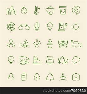 Ecology and recycling outline symbols. Eco and green environment vector line icons of set isolated on white illustration. Ecology and recycling outline symbols. Eco and green environment vector line icons