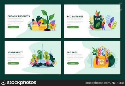 Ecology and save nature concept flat 4x1 collection of horizontal banners with clickable button and text vector illustration
