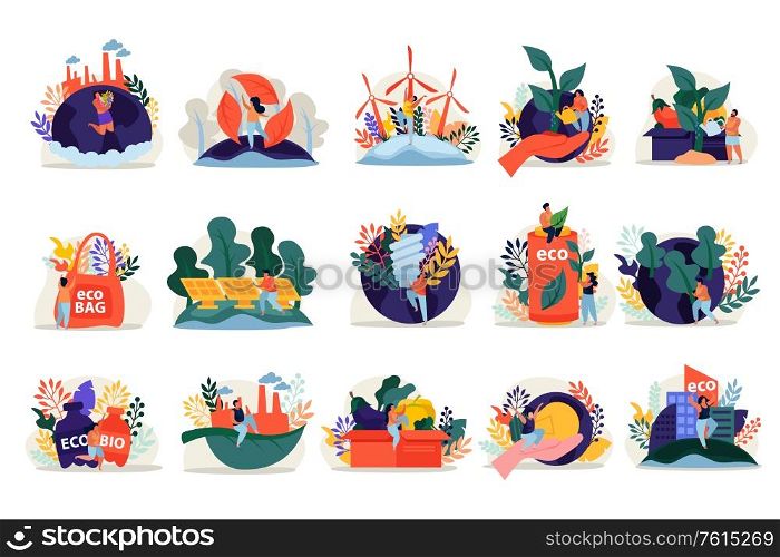 Ecology and save nature concept flat recolor set of isolated icons human characters and eco images vector illustration