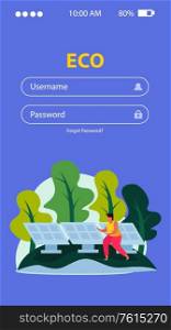 Ecology and save nature concept flat vertical background with images and fields for username and password vector illustration