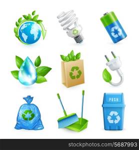 Ecology and waste colored icons set of globe paper bag plug isolated vector illustration.