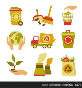 Ecology and waste colored icons set of trash can globe plant isolated vector illustration