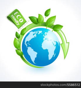 Ecology and waste globe symbol with eco friendly tag isolated on white background vector illustration.