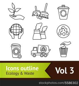 Ecology and waste outline icons set of dustpan brush globe isolated vector illustration