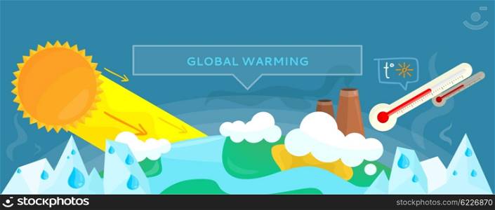 Ecology Banner Concept Global Warming. Ecology banner concept global warming. Most of the environmental problem of global warming melting glaciers and later raising the temperature on land. Solar danger effect climate. Vector illustration