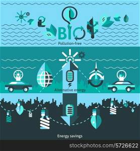 Ecology banners set with pollution free alternative energy savings isolated vector illustration