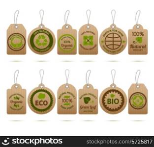 Ecology bio farm fresh products cardboard tags set isolated vector illustration
