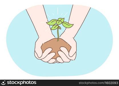 Ecology, charity, environment, earth day concept. Human character hands holding growing sapling or plant. Nature protection and bilogical enviromental friendly care or new life symbol illustration.. Ecology, charity, environment earth day concept