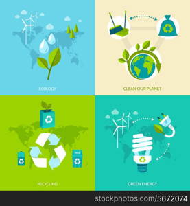 Ecology clean our planet recycling green energy concept icons set isolated vector illustration.