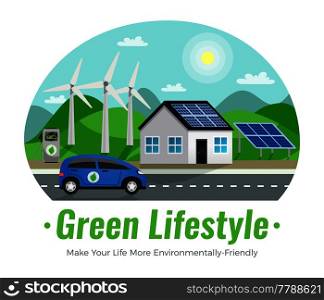 Ecology colored composition with green lifestyle make your environmentally friendly headline and description vector illustration. Ecology Colored Composition