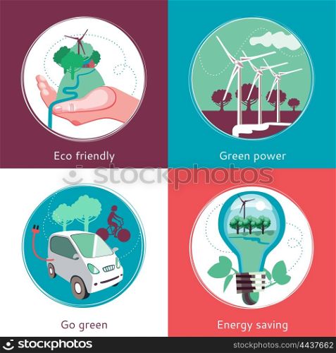 Ecology Concept 4 Flat Icons Banner . Ecological green energy producing and recycling concept 4 flat icons square composition banner abstract isolated vector illustration