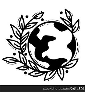 Ecology concept Clean planet. planet earth with sprout and leaves. Vector illustration. Linear hand drawn doodle isolated on white background for eco design and decor