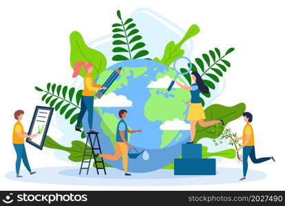 Ecology concept. Globe with trees, plants and volunteer people. People take care about planet ecology. Protect nature and ecology banner. Earth day.. Ecology concept. People take care about planet ecology. Protect nature and ecology banner. Earth day. Globe with trees, plants and volunteer people.