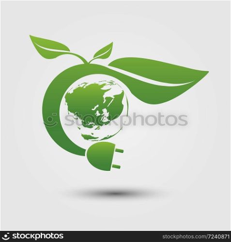 ecology concept,green eco power plug with green earth.vector illustrator