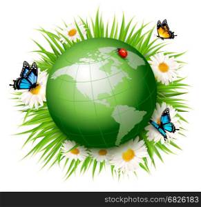 Ecology concept.Green Globe and Grass with Flowers. Vector illustration.