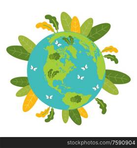 Ecology concept. Green planet. Earth day. Globe with plants. Vector illustration