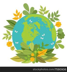 Ecology concept. Green planet. Earth day. Globe with plants. Vector illustration