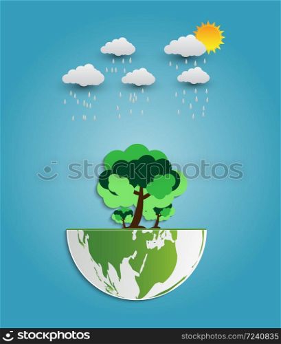 Ecology concept idea,Save earth with eco-friendly,with globe and tree have a rain cloud background.vector illustration