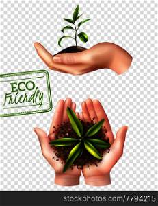 Ecology concept including lettering eco friendly, realistic female hands with sprout isolated on transparent background vector illustration . Eco Friendly Ecology Concept