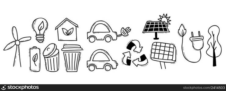 Ecology concept. Linear icons style vector illustration doodle drawing isolated on white background. Reduce, go green, reuse, refuse, Green energy, ecological lifestyle