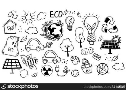Ecology concept. Linear icons style vector illustration doodle drawing isolated on white background. No plastic, go green, Zero waste concepts. Reduce, reuse, refuse, ecological lifestyle