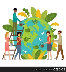Ecology concept. People take care about planet. Protect nature. Earth day. Globe with plants and volunteer people. Vector illustration