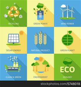 Ecology concept set with recycling green power wind and solar energy decorative icons isolated vector illustration