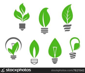 Ecology concept - symbols of light bulbs with green leaves