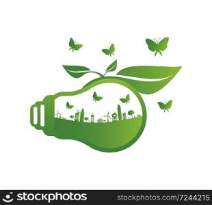 Ecology concept,the world is in the energy saving light bulb green,Vector illustration