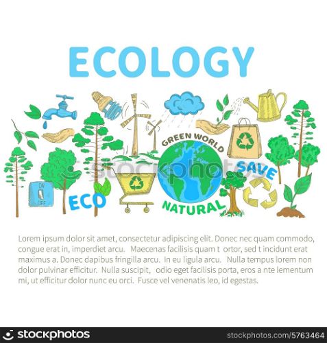 Ecology concept with doodle green world concervation doodle decorative icons set vector illustration. Doodles Ecology Set
