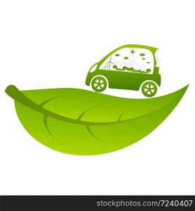 Ecology concept with eco car Environmental Cityscape Concept,Car Symbol With Green Leaves Around Cities Help The World With Eco-Friendly Idea