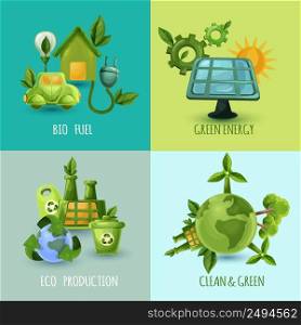 Ecology design concept set with bio fuel green energy eco production cartoon icons isolated vector illustration. Ecology Design Concept Set