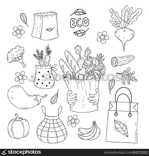 Ecology doodle collection. Eco bag with products food, paper packaging bags and mesh, pouches, vegetable and fruit. Isolated vector outline hand drawings