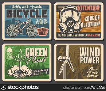 Ecology, environment and nature conservation vector design. Wind energy, green tree, eco transport and air pollution. Wind turbine, plant on hands and bicycle, respirator mask, bike and forest posters. Ecology, environment and nature conservation