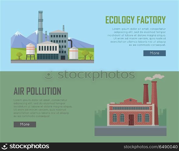 Ecology Factory and Air Pollution Banners. Ecology factory and air pollution banners. Factory building with pipes in flat. Factory building with pipes on nature mountain landscape. Power plant smokestacks emitting smoke over urban cityscape