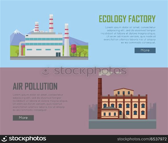 Ecology Factory and Air Pollution Plant Banners.. Ecology factory and air pollution plant banners. Eco factory in clean picturesque place and industrial factory in polluted city with smog, environmental problems. Destroying nature. Vector illustration