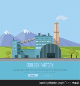 Ecology Factory Banner. Ecology factory banner. Gray factory building with pipes on nature mountain landscape. Industrial plant with pipes in flat. Plant with smoking chimneys. Ecological production concept. Website template