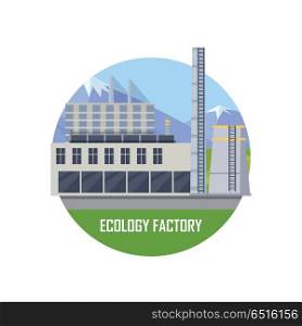 Ecology Factory Icon. Ecology gray factory round icon. Factory building with pipes on nature landscape. Industrial factory building concept. Industrial plant with pipes in flat. Factory icon. Ecological production concept