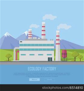 Ecology Factory Web Banner. Eco Manufacturing. Ecology factory web banner. Eco manufacturing and producing. Plant icon in flat style. Environmentally friendly. Retailer of organic natural healthy products. Modern building of the factory. Vector
