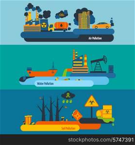 Ecology flat horizontal banner set with air soil water pollution elements isolated vector illustration