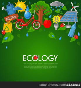 Ecology flat illustration. Ecology concept with nature recycling and green energy symbols flat vector illustration