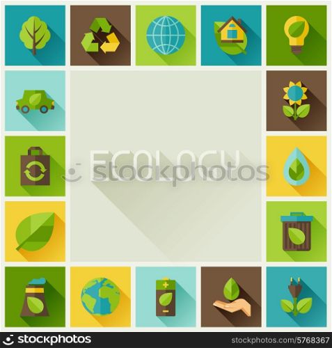 Ecology frame with environment, green energy and pollution icons.