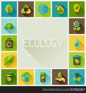 Ecology frame with environment, green energy and pollution icons.