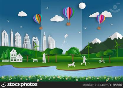 Ecology friendly city with happy family on paper art scene background,vector illustration